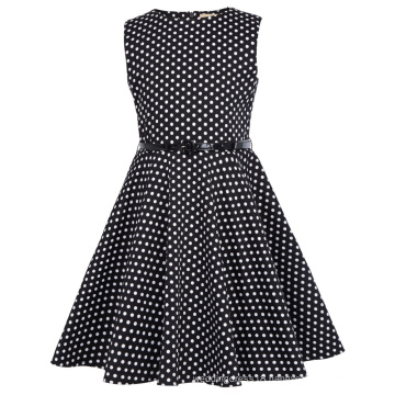 Kate Kasin Girls Sleeveless Round Neck Vintage Retro Cotton Black Dress White Dots Summer Dress KK000250-19